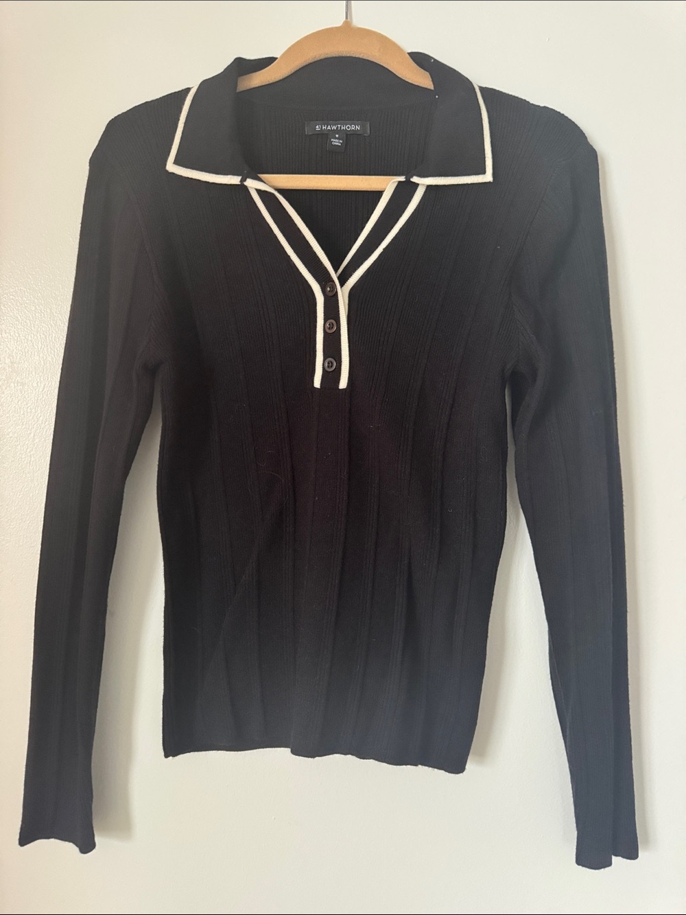 41 Hawthorn Black Long Sleeve Ribbed Polo Top with Cream Trim